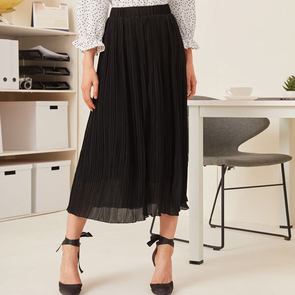 

Solid Plisse Long Skirt, Black