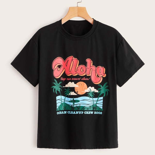 

Plus Letter And Tropical Print Tee, Black