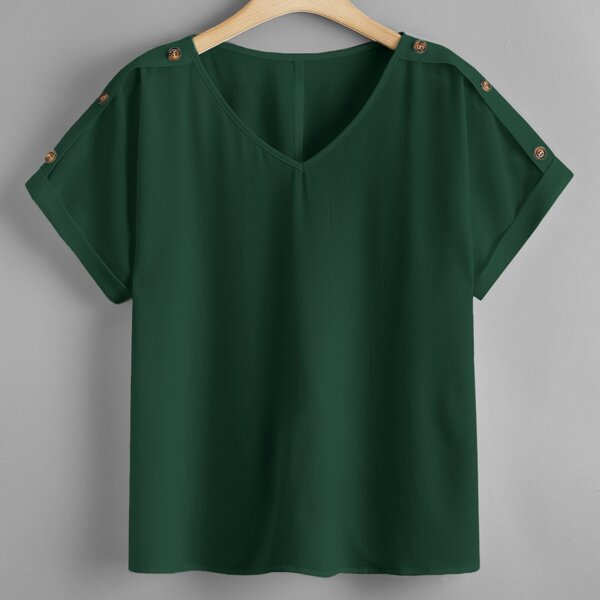 

Plus Buttoned Shoulder High Low Blouse, Dark green