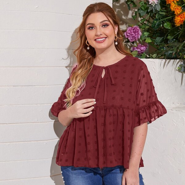 

Plus Swiss Dot Tie Neck Babydoll Blouse, Burgundy