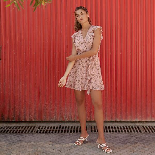 

Surplice Neck Ruffle Trim Belted Floral Dress, Dusty pink