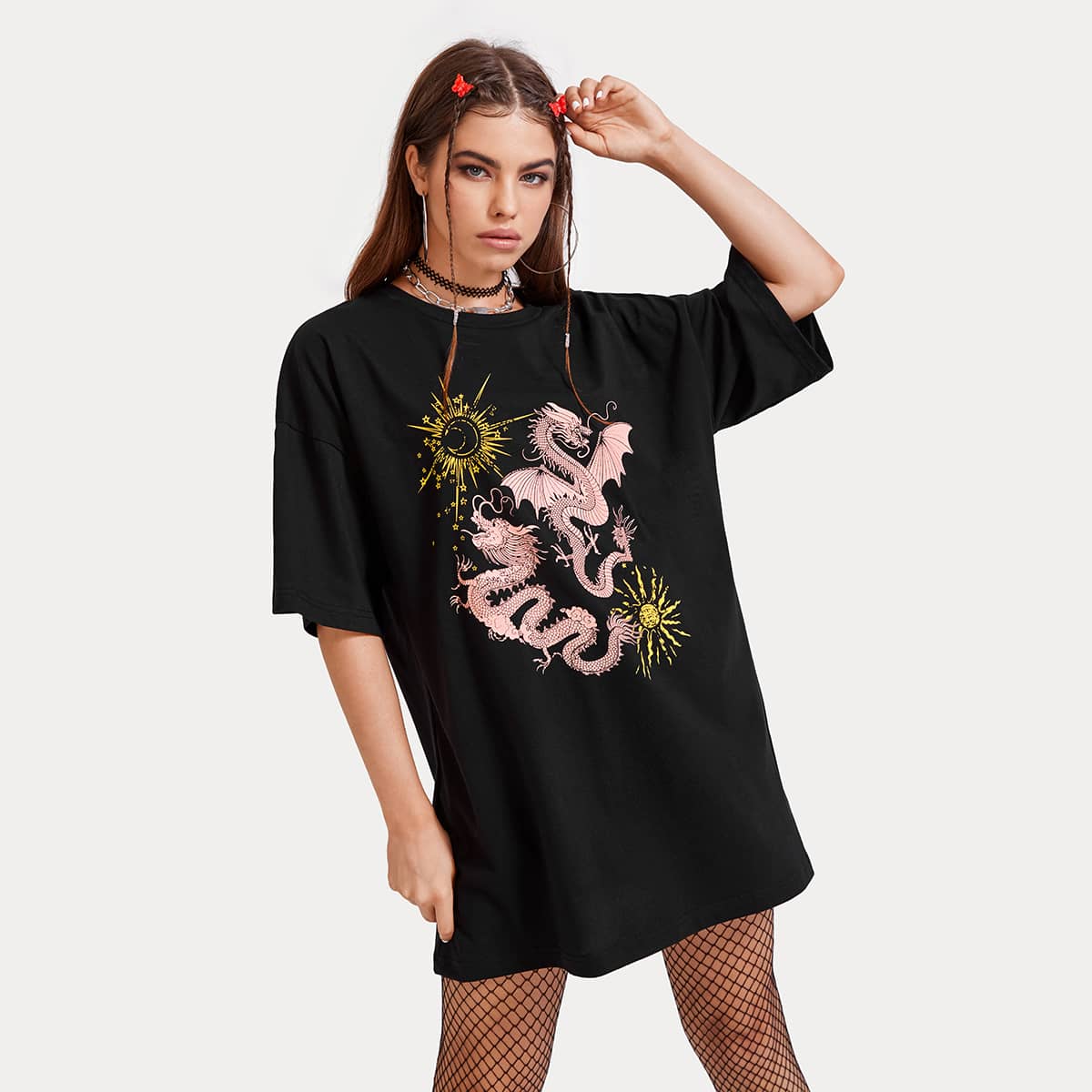 

Dragon Print Oversized Tee, Black