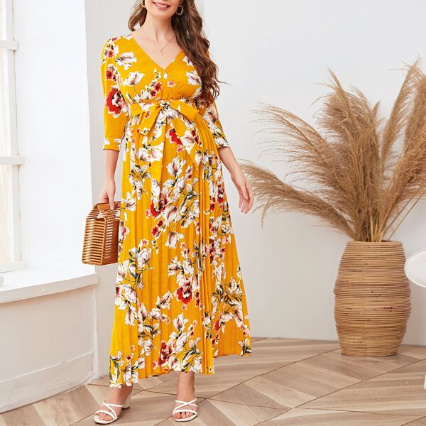 

Maternity Surplice Neck Self Belted Pleated Floral Dress, Bright mustard yellow