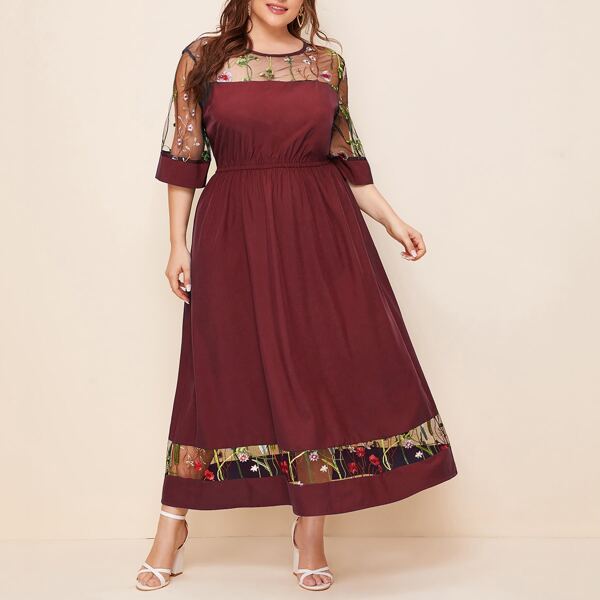 

Plus Floral Embroidered Mesh Dress, Maroon