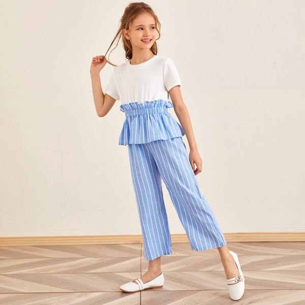 

Girls Ruffle Trim Striped Combo Peplum Jumpsuit, Blue and white