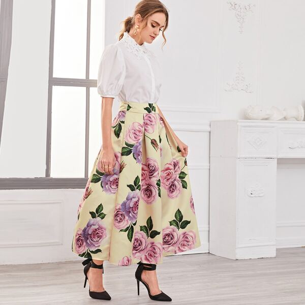 

Pearl Beaded Floral Embroidered Peter-pan-collar Blouse and Skirt Set, Multicolor