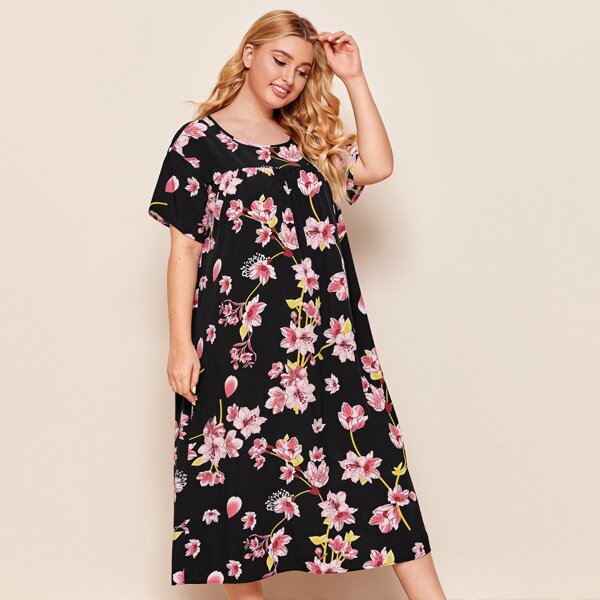 

Plus Drop Shoulder Floral Print Nightdress, Black