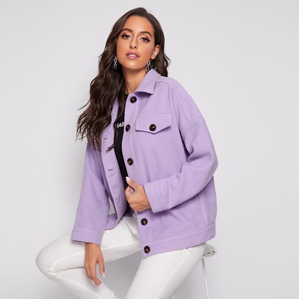 

Flap Detail Drop Shoulder Solid Coat, Pastel lilac purple