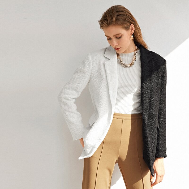 

Notched Collar Colorblock Tweed Blazer, Black and white