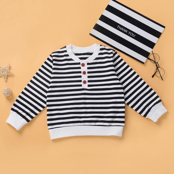 

Toddler Boys Striped Half Button Sweatshirt, Black and white