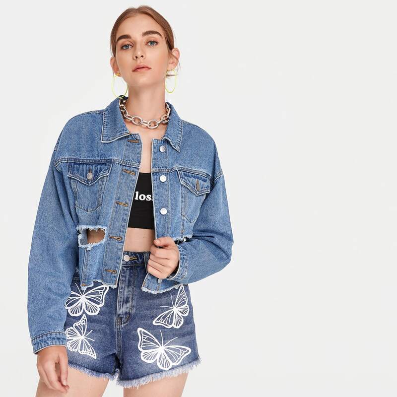 

Raw Hem Ripped Denim Jacket, Medium wash