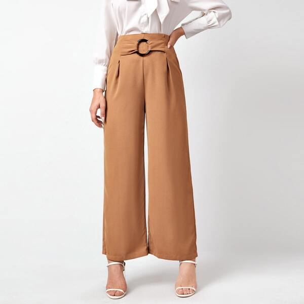 

O-ring Buckle Front Wide Leg Pants, Camel