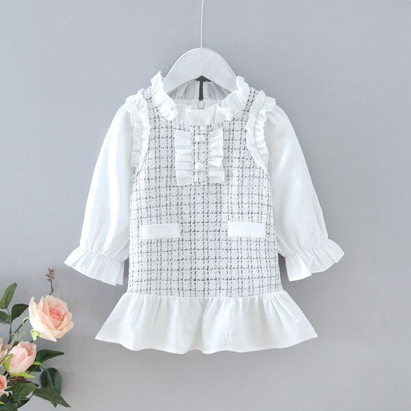 

Toddler Girls Ruffle Hem Plaid Smock Dress, White