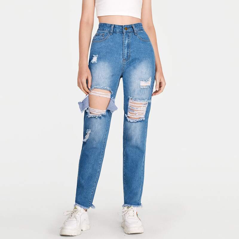 

High-Waisted Raw Hem Ripped Jeans, Medium wash
