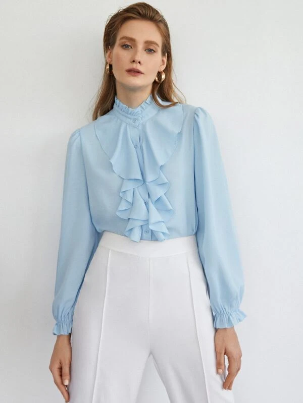 Camisa unicolor de cuello fruncido | Mode de Mujer | SHEIN Blusa fruncido de cuello y puño fruncido sencilla | Mode de