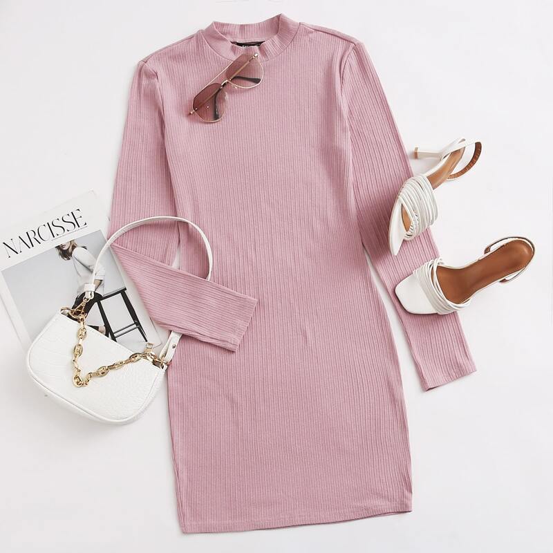 

Mock-Neck Rib-knit Fitted Dress, Dusty pink