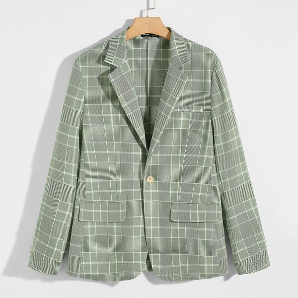 

Men Notched Collar Single Button Plaid Blazer, Mint green