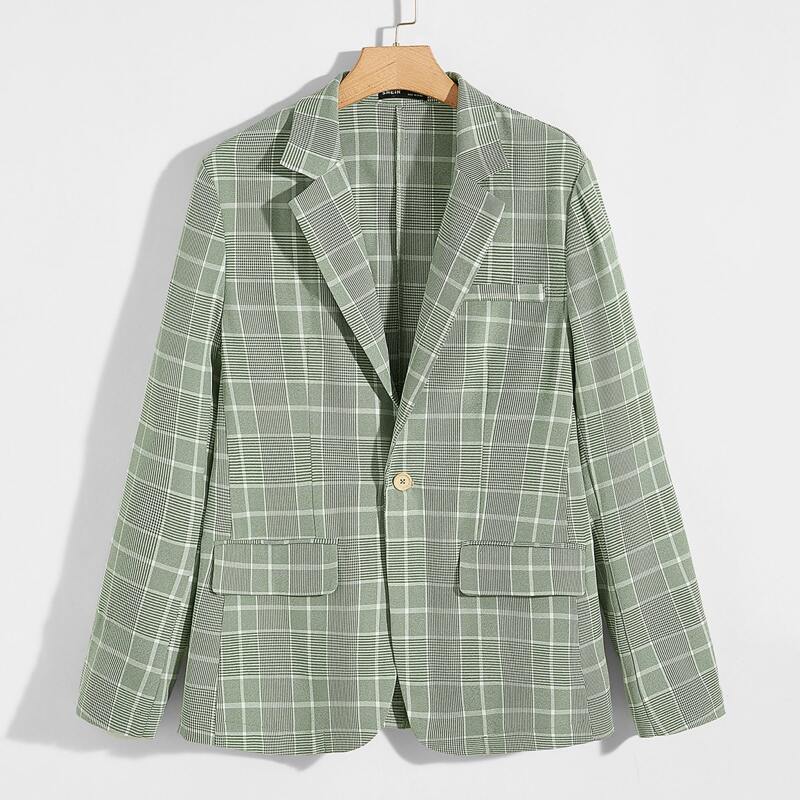 

Guys Notched Collar Single Button Plaid Blazer, Mint green