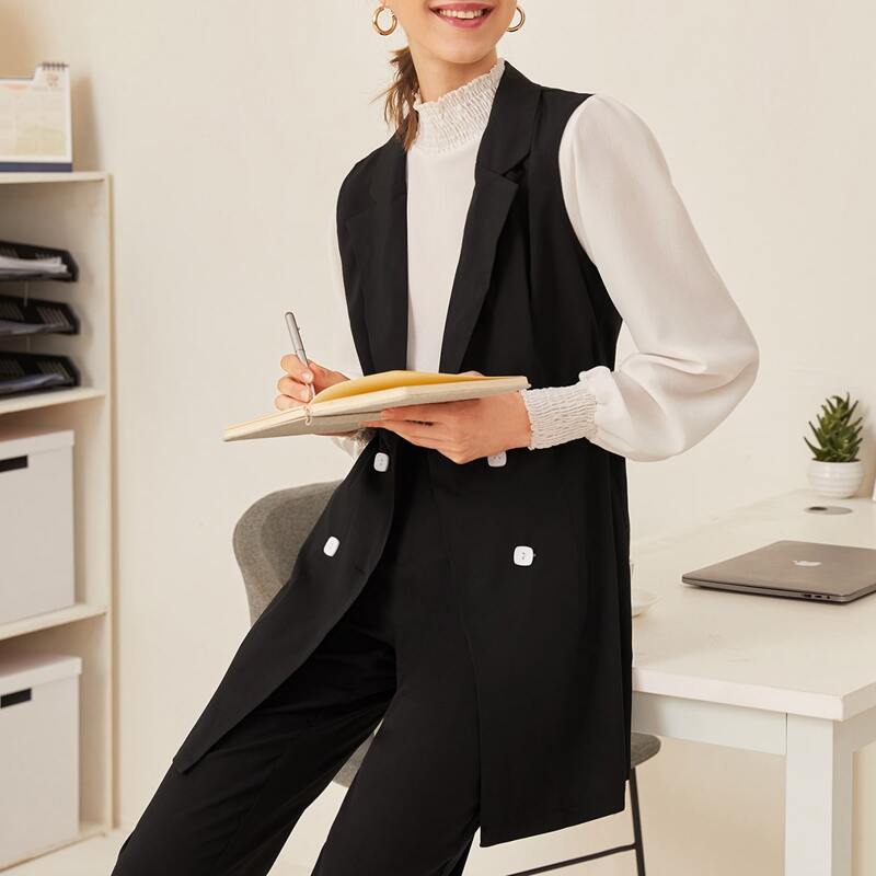 

Lapel Collar Double Breasted Blazer Vest, Black