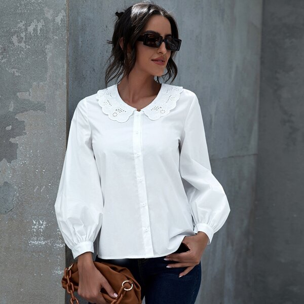 

Eyelet Embroidery Collar Lantern Sleeve Top, White