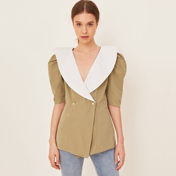 

Contrast Collar Puff Sleeve Double Button Blouse, Khaki
