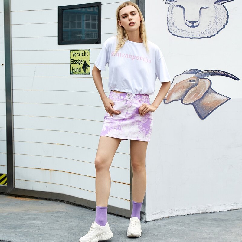 

Button Wide Waistband Tie Dye Denim Skirt, Lilac purple