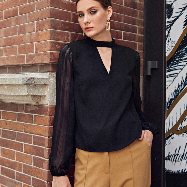 

Keyhole Neck Sheer Sleeve Top, Black