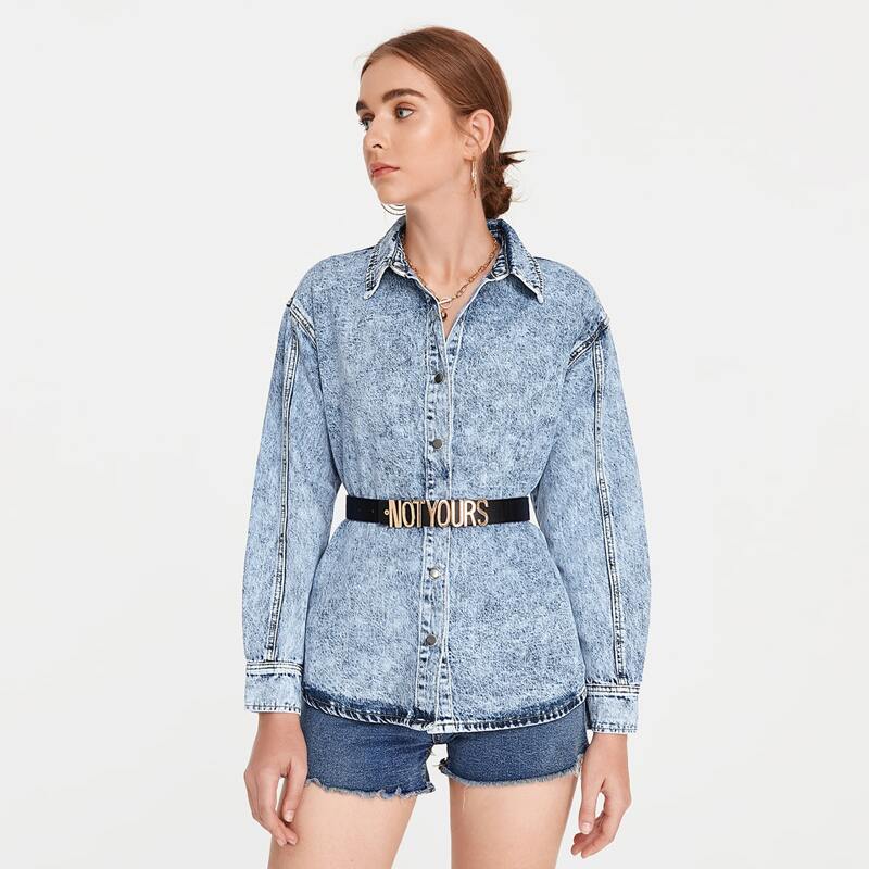 

Button Front Drop Shoulder Denim Jacket Without Belt, Light wash