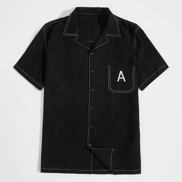

Men Topstitching Letter Graphic Shirt, Black
