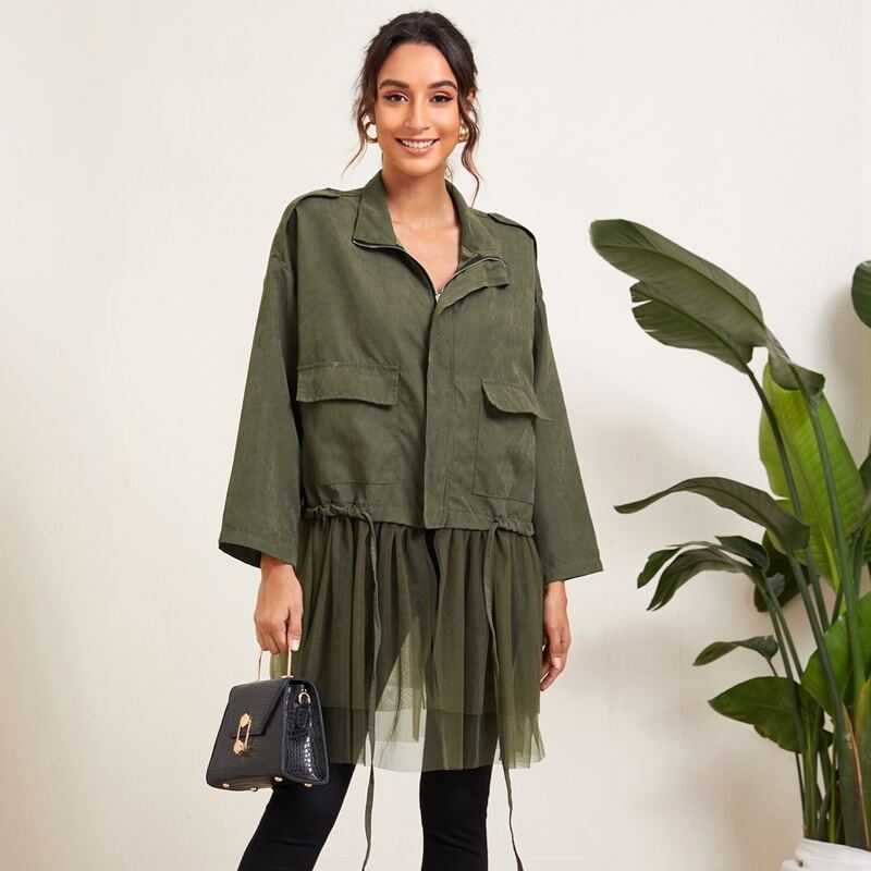 

Zip Up Contrast Mesh Hem Drawstring Coat, Army green