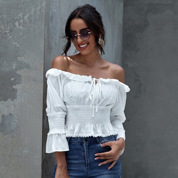 

Off Shoulder Tie Front Shirred Waist Lace Trim Peplum Top, White