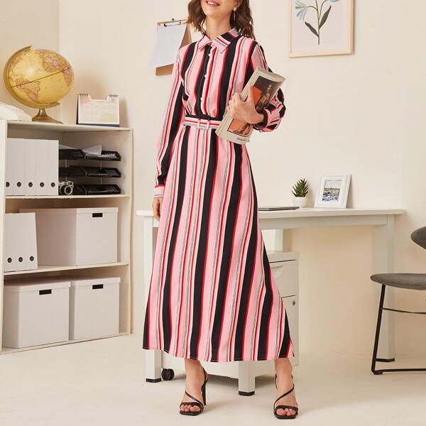 

Half Button Striped Dress With Belt, Multicolor