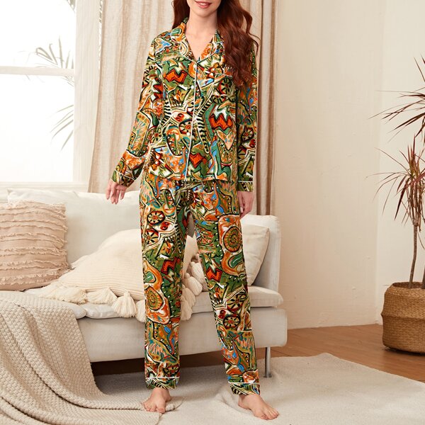 

Graphic Print Lapel Neck PJ Set, Multicolor