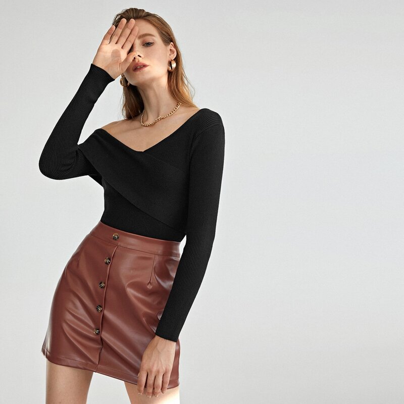 

Asymmetrical Neck Cross Wrap Sweater, Black