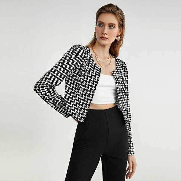 

Open Front Houndstooth Jacket, Black and white
