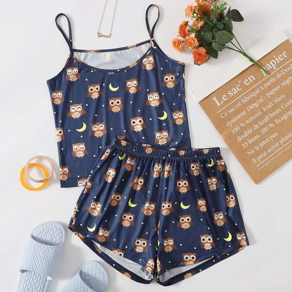 

Cartoon Graphic Cami With Shorts PJ Set, Navy blue