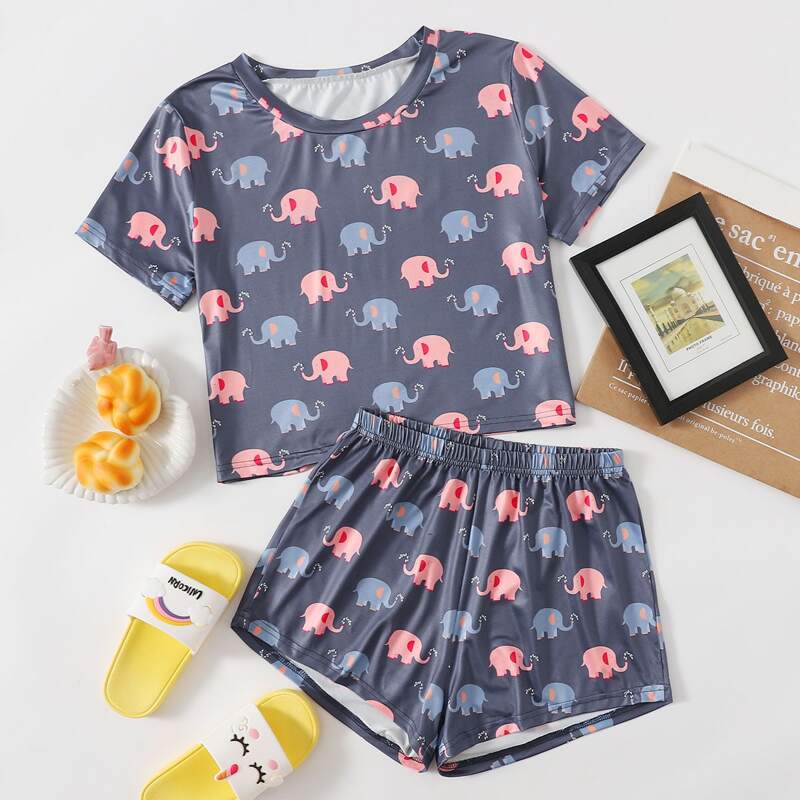 

Cartoon Graphic Shorts PJ Set, Dusty blue