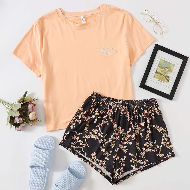 

Letter Embroidered Tee With Floral Shorts PJ Set, Multicolor