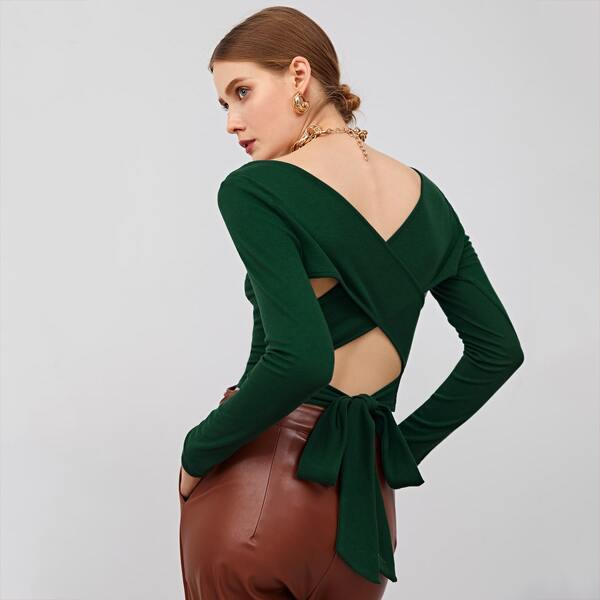 

Scoop Neck Crisscross Tie Back Top, Dark green