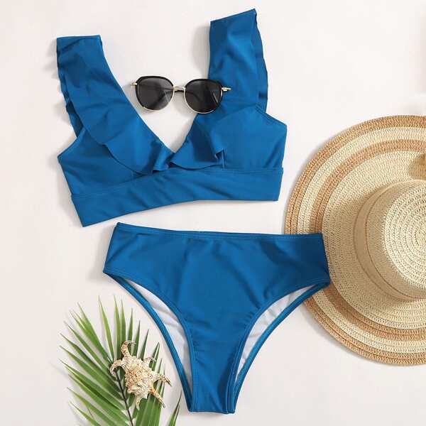 

Ruffle Trim High Waisted Bikini Swimsuit, Blue