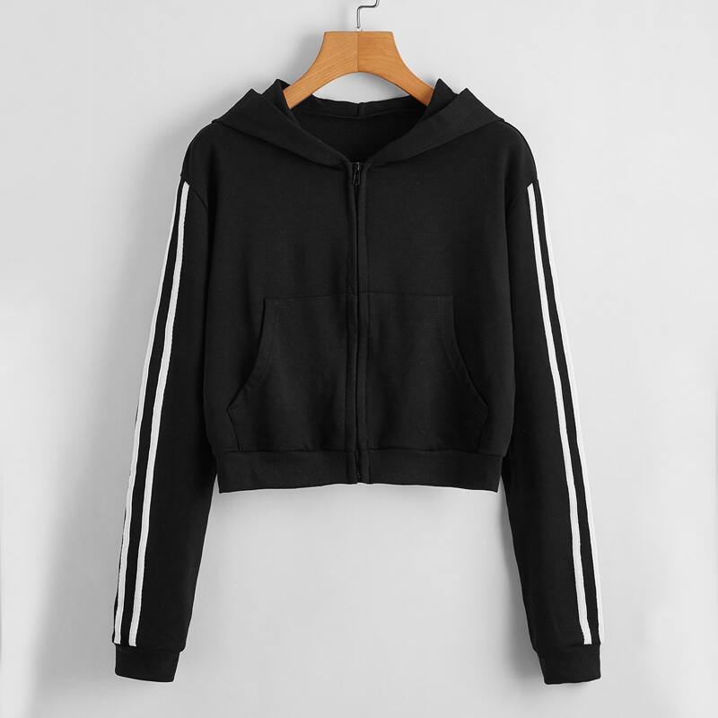 

Side Stripe Sleeve Zip Up Hoodie, Black