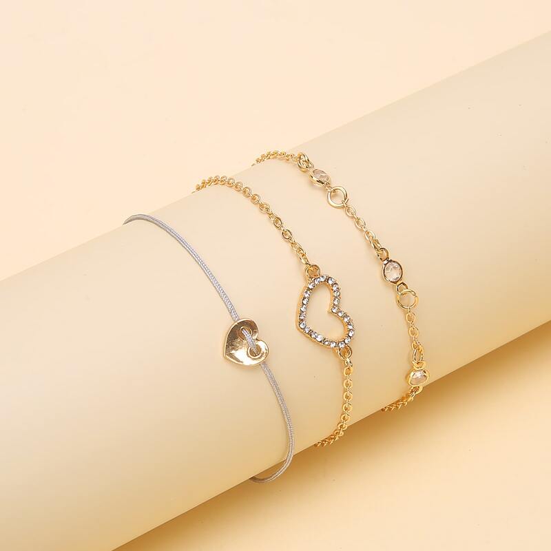 

3pcs Rhinestone Heart Chain Bracelet, Multicolor
