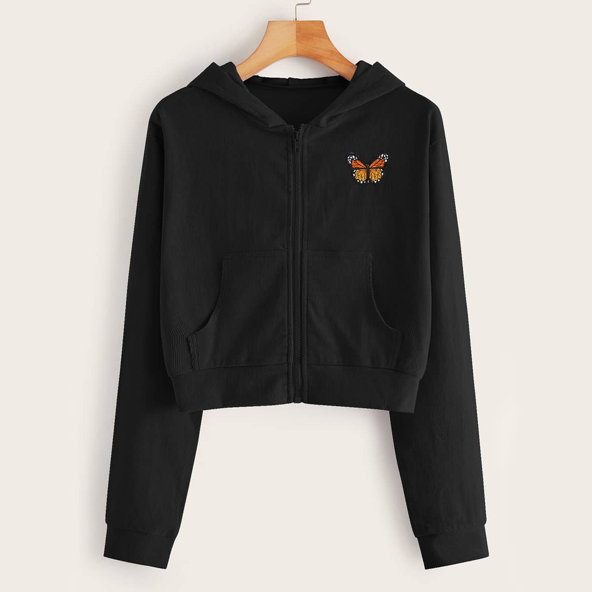 

Corduroy Butterfly Embroidery Hooded Jacket, Black