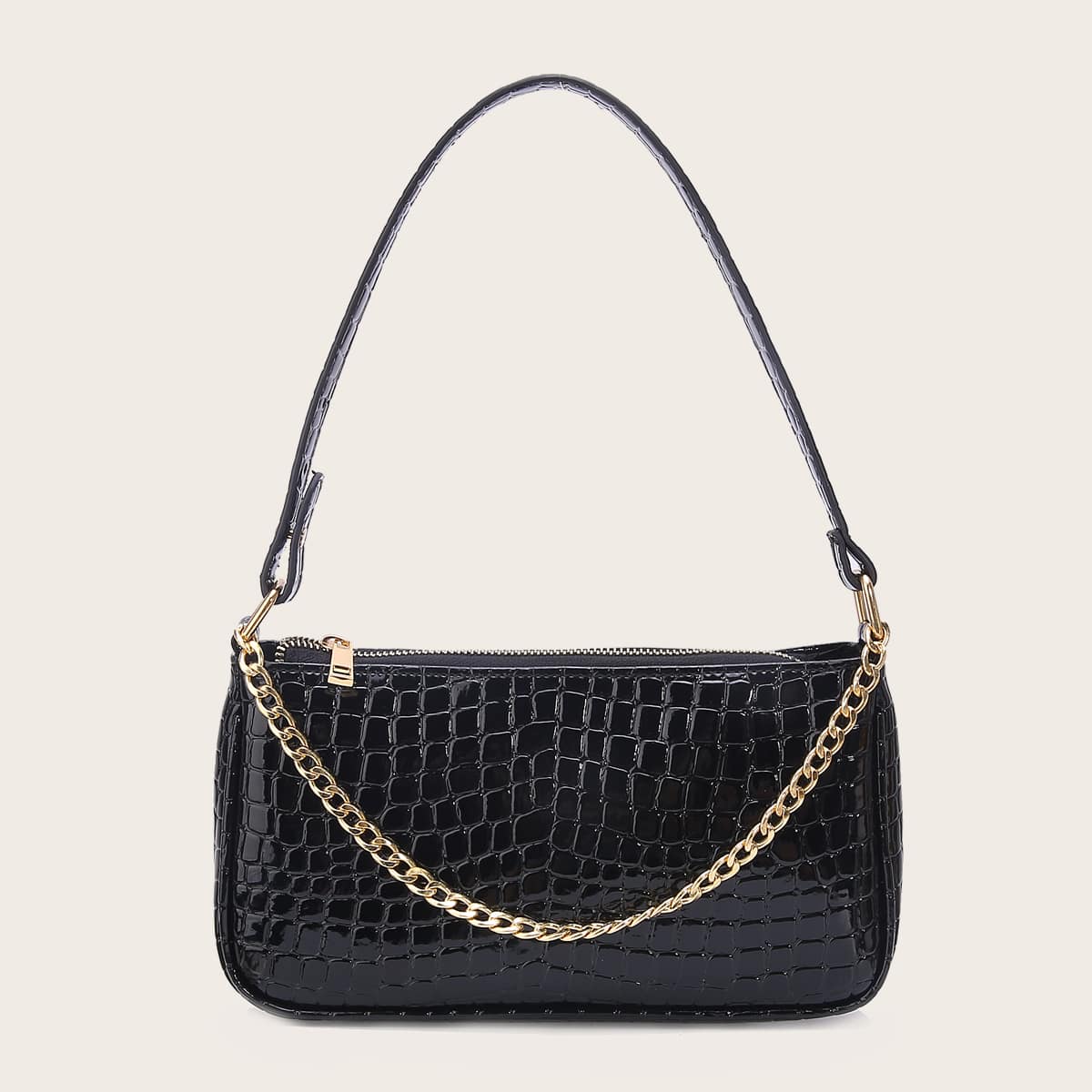 

Croc Embossed Chain Decor Baguette Bag, Black
