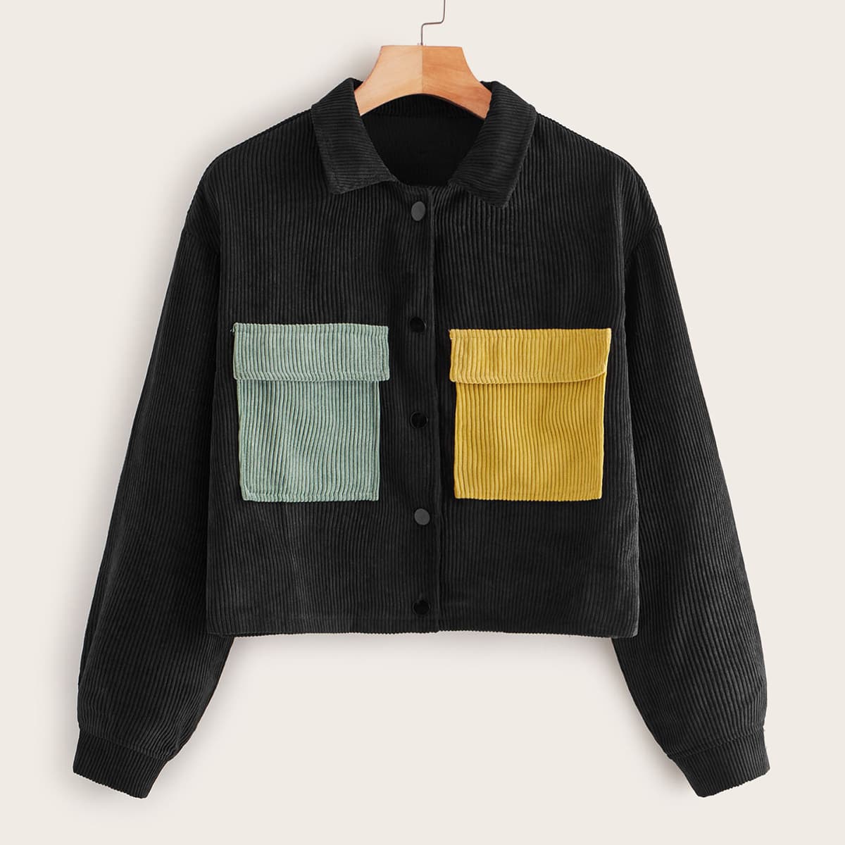 

Patched Colorblock Pocket Corduroy Jacket, Black