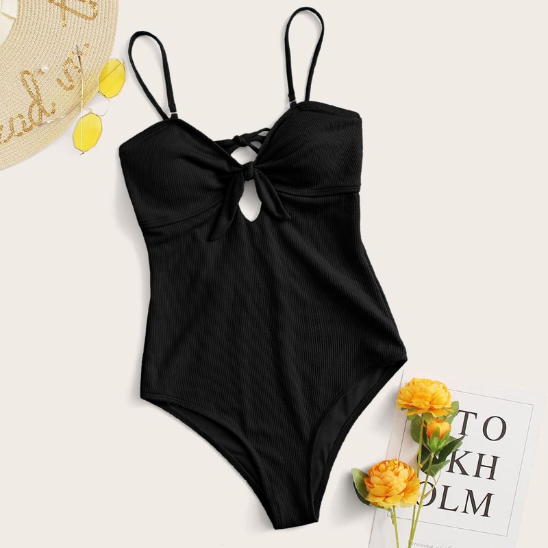 

Plain Cut-out Knot Front One Piece Swimsuit, Black