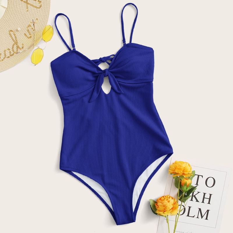 

Plain Cut-out Knot Front One Piece Swimsuit, Royal blue