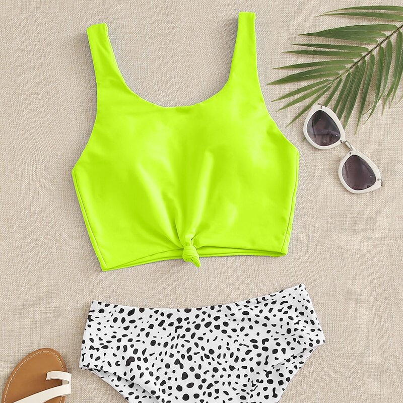 

Dalmatian Knot Hem High Waisted Bikini Swimsuit, Multicolor