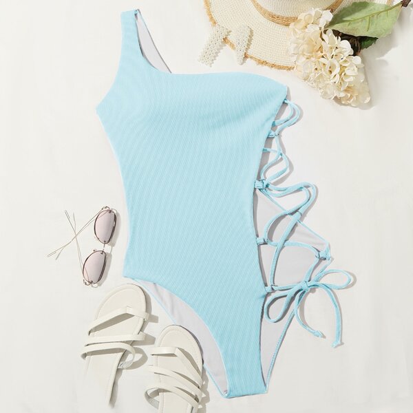 

Rib Lace-up One Shoulder One Piece Swimsuit, Pastel baby blue