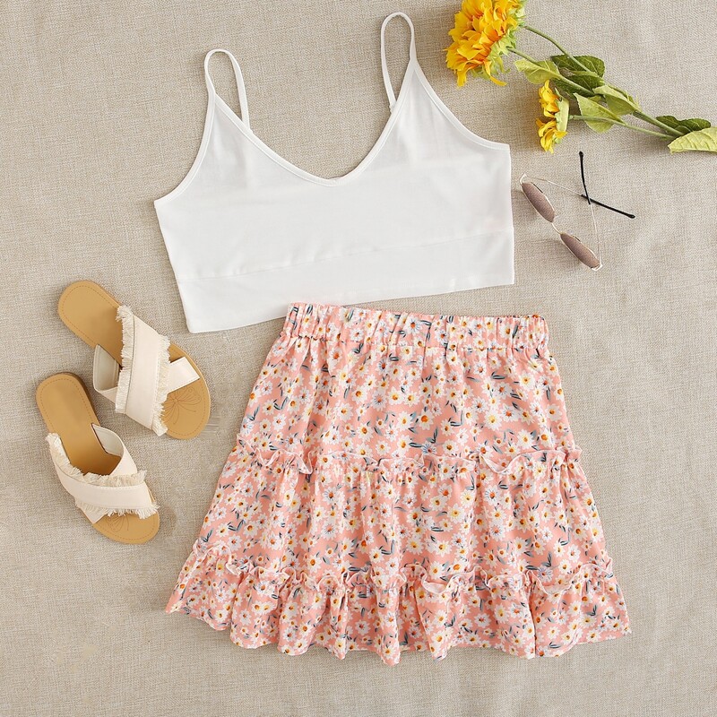 

White Crop Cami & Ditsy Floral Skirt, Multicolor